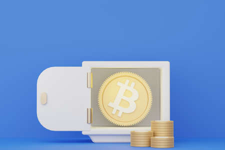 3d render stack of bitcoin in safe deposit box for web banner and mockup.
