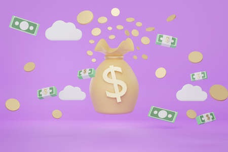 3d render of minimal money bag or coins purse that keeping coins and gold on purple background.の写真素材