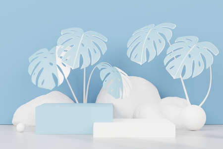 3d render of abstract pedestal podium display with Tropical leaves and Blue pastel plant scene. Product and promotion concept for advertising. Blue pastel natural background.の写真素材