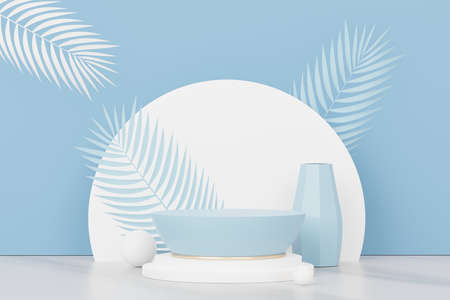 3d render of abstract pedestal podium display with Tropical leaves and Blue pastel plant scene. Product and promotion concept for advertising. Blue pastel natural background.の写真素材