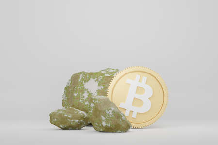 3d render of bitcoin and rock in mining concept. Minimal pastel scene. Growth financial model. Defi crypto concept. Investment managementの写真素材