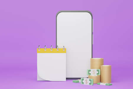 3d render stack of money and calendar with smartphone for mockup.の写真素材