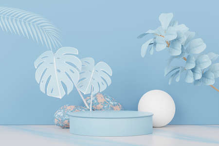 3d render of abstract pedestal podium display with Tropical leaves and Blue pastel plant scene. Product and promotion concept for advertising. Blue pastel natural background.の写真素材