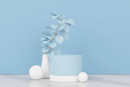 3d render of abstract pedestal podium display with Tropical leaves and Blue pastel plant scene. Product and promotion concept for advertising. Blue pastel natural background.の写真素材