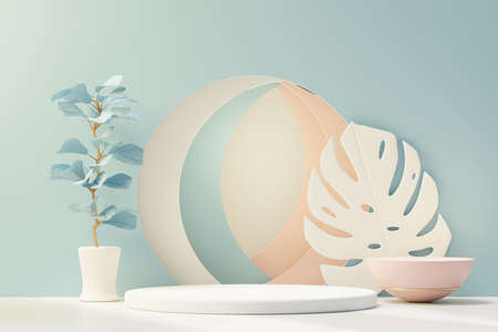 3d render of abstract pedestal podium display with Tropical leaves and Blue pastel plant scene. Product and promotion concept for advertising. Blue pastel natural background.の写真素材