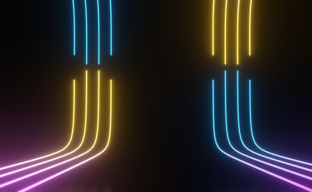 3d render of RGB neon light on darkness background. Abstract Laser lines show at night. Ultraviolet spectrum beam scene for mock up and web banner.の写真素材