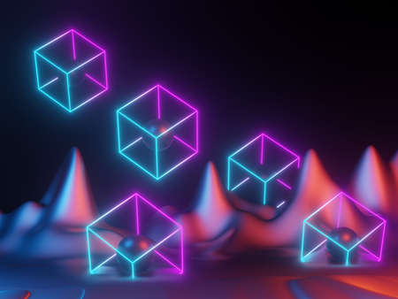 3d render of RGB neon light on darkness background. Abstract Laser lines show at night. Ultraviolet spectrum beam scene for mock up and web banner.の写真素材
