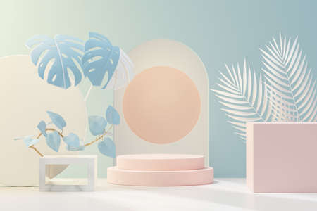 3d render of abstract pedestal podium display with Tropical leaves and Blue pastel plant scene. Product and promotion concept for advertising. Blue pastel natural background.の写真素材
