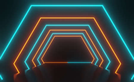 3d render of RGB neon light on darkness background. Abstract Laser lines show at night. Ultraviolet spectrum beam scene for mock up and web banner.の写真素材