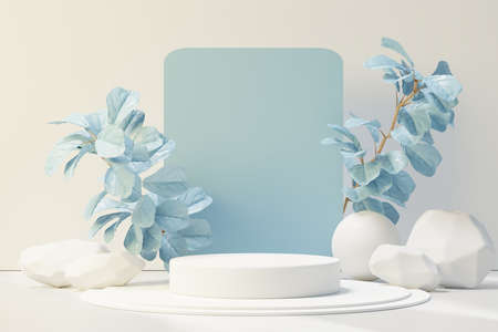 3d render of abstract pedestal podium display with Tropical leaves and Blue pastel plant scene. Product and promotion concept for advertising. Blue pastel natural background.の写真素材