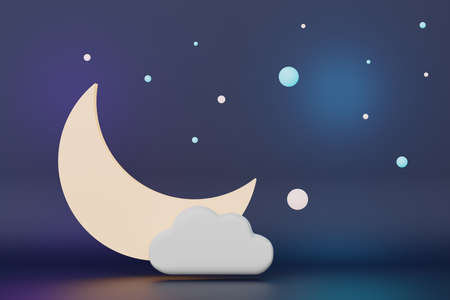 3d render cartoon moon and star floating on the air in night sky isolated on pastel background. Abstract scene.の写真素材