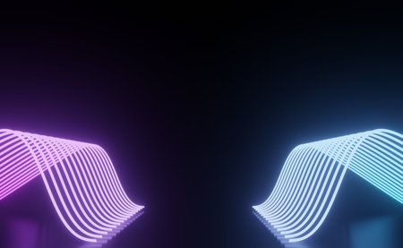 3d render of RGB neon light on darkness background. Abstract Laser lines show at night. Ultraviolet spectrum beam scene for mock up and web banner.の写真素材