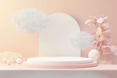 3d render of abstract pedestal podium display with Tropical leaves and coral pink pastel plant scene. Product and promotion concept for advertising. Blue pastel natural background.の写真素材