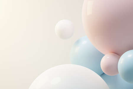 3d render of pastel ball, soaps bubbles, blobs that floating on the air isolated on pastel background. Abstract scene.の写真素材