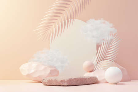 3d render of abstract pedestal podium display with Tropical leaves and coral pink pastel plant scene. Product and promotion concept for advertising. Blue pastel natural background.の写真素材