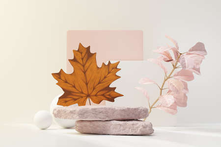 3d render of abstract pedestal podium display with Tropical leaves and coral pink pastel plant scene. Product and promotion concept for advertising. Blue pastel natural background.の写真素材