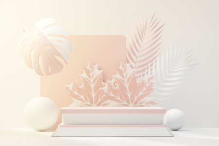 3d render of abstract pedestal podium display with Tropical leaves and coral pink pastel plant scene. Product and promotion concept for advertising. Blue pastel natural background.の写真素材