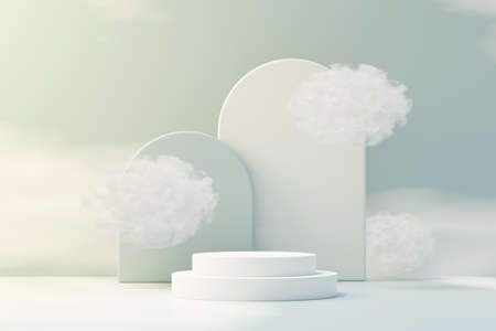 3d illustration luxury premium pedestal product display with abstract geometric shapes and fluffy cloud. Minimal blue sky and clouds scene for present product promotion and beauty cosmetics.の写真素材