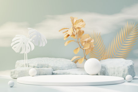 3d render of abstract pedestal podium display with Tropical leaves and Blue sky clouds pastel and plant scene. Product and promotion concept for advertising. Blue pastel natural background.の写真素材