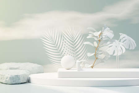 3d render of abstract pedestal podium display with Tropical leaves and Blue sky clouds pastel and plant scene. Product and promotion concept for advertising. Blue pastel natural background.の写真素材