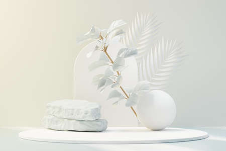 3d render of abstract pedestal podium display with Tropical leaves and Blue sky clouds pastel and plant scene. Product and promotion concept for advertising. Blue pastel natural background.の写真素材