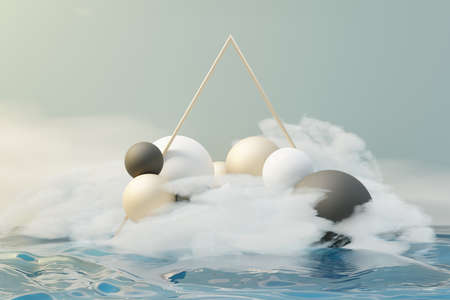 3d render of pastel ball, soaps bubbles, blobs that floating on the air with fluffy clouds and ocean. Romance land of dream scene. Natural abstract dreamy sky.の写真素材