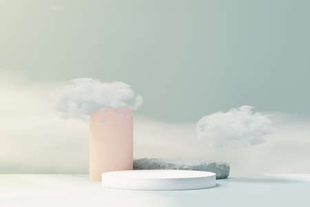 3d Beauty premium pedestal product display with Dreaming land and fluffy cloud. Minimal blue sky and clouds scene for present product promotion and beauty cosmetics. Romance land of Dreams concept.の写真素材