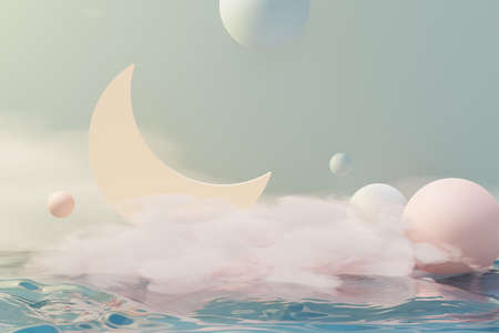 3d render of pastel ball, soaps bubbles, blobs that floating on the air with fluffy clouds and ocean. Romance land of dream scene. Natural abstract dreamy sky.の写真素材