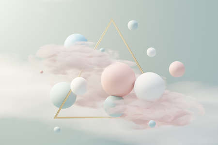 3d render of pastel ball, soaps bubbles, blobs that floating on the air with fluffy clouds and ocean. Romance land of dream scene. Natural abstract dreamy sky.の写真素材