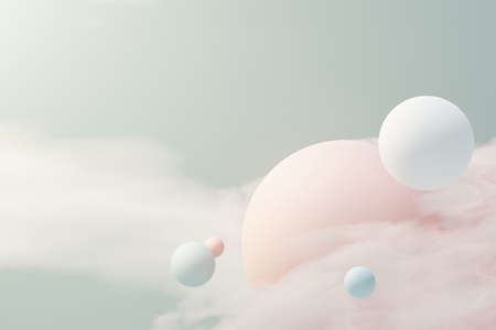 3d render of pastel ball, soaps bubbles, blobs that floating on the air with fluffy clouds and...
