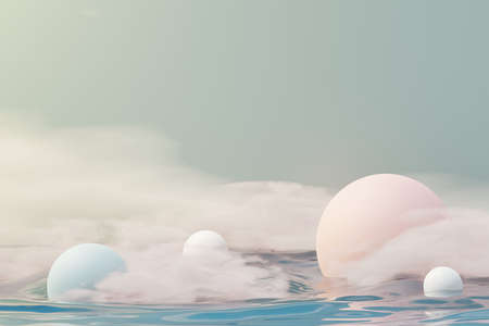 3d render of pastel ball, soaps bubbles, blobs that floating on the air with fluffy clouds and ocean. Romance land of dream scene. Natural abstract dreamy sky.の写真素材