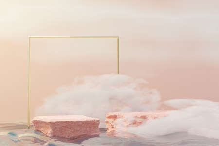 3d Beauty premium pedestal product display with Dreaming land and fluffy cloud. Minimal pink sky and clouds scene for present product promotion and beauty cosmetics. Romance land of Dreams concept.の写真素材