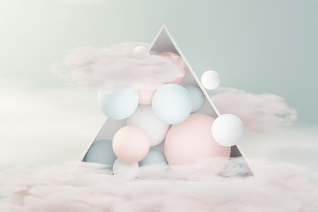 3d render of pastel ball, soaps bubbles, blobs that floating on the air with fluffy clouds and ocean. Romance land of dream scene. Natural abstract dreamy sky.の写真素材