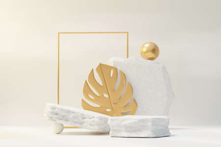 3d render of rock podium display with Tropical nature scene. Product and promotion concept for advertising. Abstract Stone pedestal for presentation objects.の写真素材