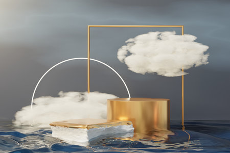 3d Beauty premium pedestal product display with Dreaming land and fluffy cloud. Minimal blue sky and clouds scene for present product promotion and beauty cosmetics. Romance land of Dreams concept.の写真素材