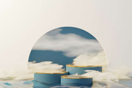 3d Beauty premium pedestal product display with Dreaming land and fluffy cloud. Minimal pastel sky and clouds scene for present product promotion and beauty cosmetics. Romance land of Dreams concept.の写真素材