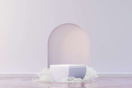 3d Beauty premium pedestal product display with Dreaming land and fluffy cloud. Minimal pastel sky and clouds scene for present product promotion and beauty cosmetics. Romance land of Dreams concept.の写真素材