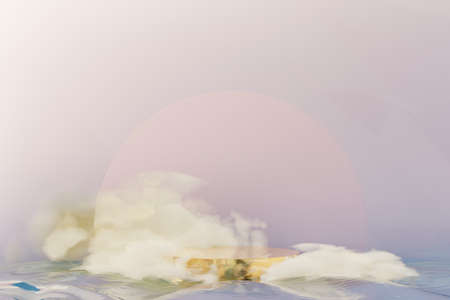 3d Beauty premium pedestal product display with Dreaming land and fluffy cloud. Minimal pastel sky and clouds scene for present product promotion and beauty cosmetics. Romance land of Dreams concept.の写真素材