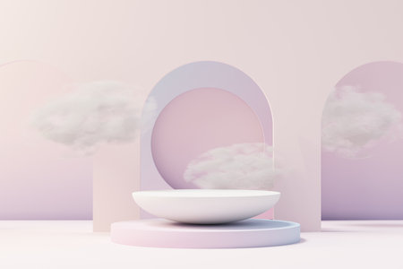 3d Beauty premium pedestal product display with Dreaming land and fluffy cloud. Minimal pastel sky and clouds scene for present product promotion and beauty cosmetics. Romance land of Dreams concept.の写真素材