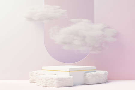 3d Beauty premium pedestal product display with Dreaming land and fluffy cloud. Minimal pastel sky and clouds scene for present product promotion and beauty cosmetics. Romance land of Dreams concept.の写真素材