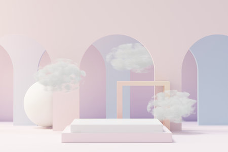 3d Beauty premium pedestal product display with Dreaming land and fluffy cloud. Minimal pastel sky and clouds scene for present product promotion and beauty cosmetics. Romance land of Dreams concept.の写真素材