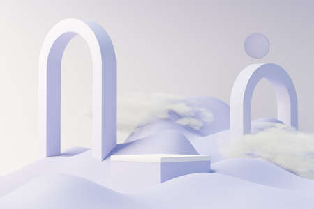 3d render of Beauty podium with Very Peri color of the year 2022 design for product presentation and advertising. Minimal pastel sky and Dreamy land scene. Romance concept.の写真素材
