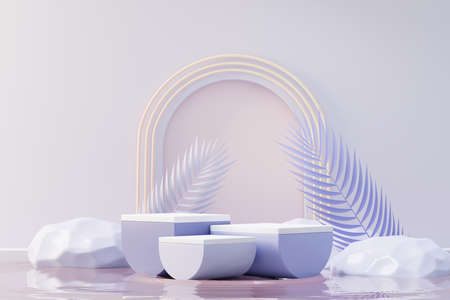 3d render of Beauty podium with Very Peri color of the year 2022 design for product presentation and advertising. Minimal pastel sky and Dreamy land scene. Romance concept.の写真素材