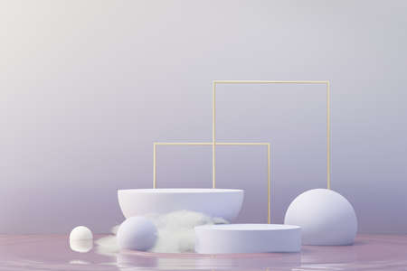 3d render of Beauty podium with Very Peri color of the year 2022 design for product presentation and advertising. Minimal pastel sky and Dreamy land scene. Romance concept.の写真素材