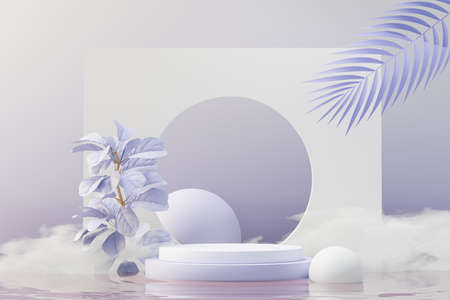 3d render of Beauty podium with Very Peri color of the year 2022 design for product presentation and advertising. Minimal pastel sky and Dreamy land scene. Romance concept.の写真素材