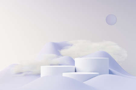 3d render of Beauty podium with Very Peri color of the year 2022 design for product presentation and advertising. Minimal pastel sky and Dreamy land scene. Romance concept.の写真素材