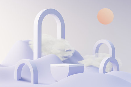 3d render of Beauty podium with Very Peri color of the year 2022 design for product presentation and advertising. Minimal pastel sky and Dreamy land scene. Romance concept.の写真素材