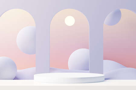 3d render of Beauty podium with Very Peri color of the year 2022 design for product presentation and advertising. Minimal pastel sky and Dreamy land scene. Romance concept.の写真素材
