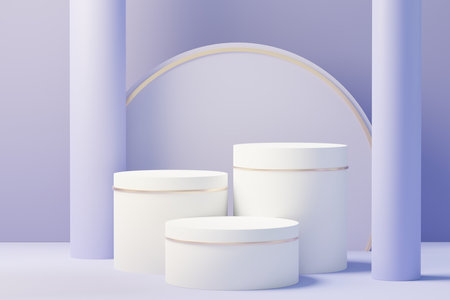 3d render of Beauty podium with Very Peri color of the year 2022 design for product presentation and advertising. Minimal pastel sky and Dreamy land scene. Romance concept.の写真素材