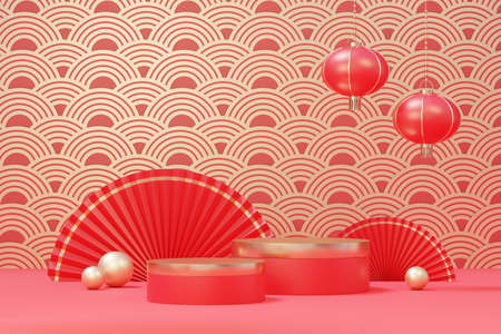 3d rendering of minimal scene of blank podium with Chinese lunar new year theme. Display stand for product presentation mock up. Cylinder stage in Chinese traditional texture with simple design.の写真素材